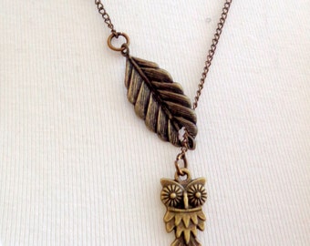 Owl Necklace, Leaf Necklace, Lariat Necklace SALE