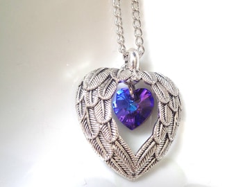 Angel Wings Necklace: Bermuda Purple Swarovski Crystal Heart Pendant