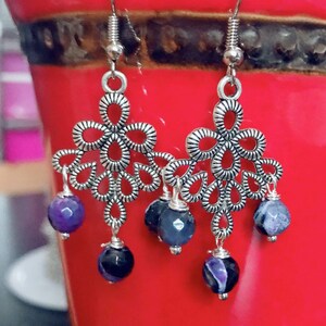Purple Chandelier Earrings, Antique Silver Chandelier Earrings, Purple Agate Chandelier Earrings Stone Earrings Dangle Earrings