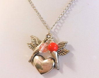 Heart Necklace, Birds Necklace,  Wings Necklace, Love Necklace, Rose Quartz Pendant Necklace Red Coral Necklace