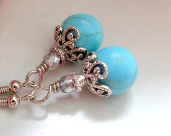 Turquoise Earrings. Turquoise Howlite Dangle Earrings. Turquoise Jewelry.