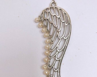 Collar grande de alas de ángel: colgante de plata antigua y perla