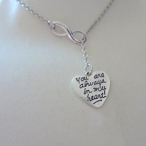 Heart Necklace, Lariat Necklace, Engraved Necklace, Infinity Necklace