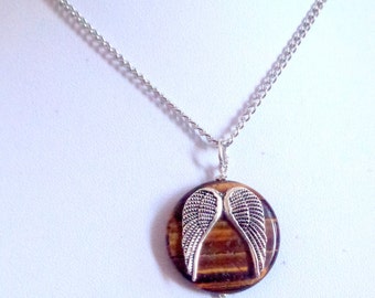 Angel Wings Necklace, Tiger Eye Necklace, Stone necklace, Wing Necklace