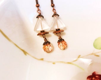 Clear Triangle  Earrings, White Triangle Earrings, Dangle Earrings SALE Transparent Glass Earrings Copper Earrings