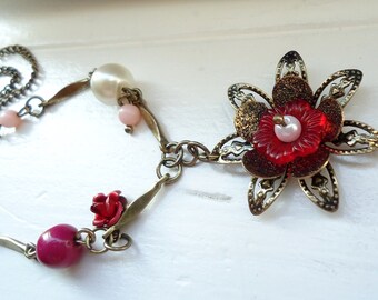 Red Flower Necklace Autumn Necklace Flower Necklace Bronze Necklace Brass Necklace Boho Necklace Gift for her