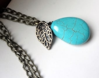 Turquoise  Necklace, Turquoise Drop Pendant Blue Drop Necklace, Blue Necklace, Drop Pendant Leaf Pendant Necklace