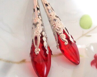 Red Earrings, Silver Long Earrings, Cone Earrings, Red Dangle Earrings Long Cone Earrings Red Long Earrings