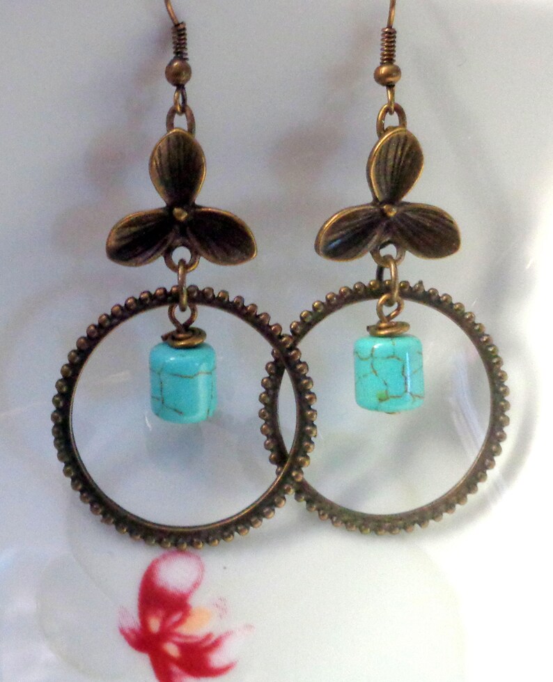 Turquoise Earrings Orchid Earrings Dangle Earrings,Boho Jewelry Turquoise Jewelry,Bohemian Earrings Gift for women Chandelier Earrings