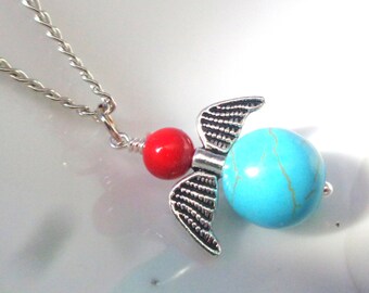 Angel Necklace, Turquoise Necklace, Angel Wings Necklace, Red Coral Necklace, Stone Necklace Red and Blue Necklace, Wing Necklace SALE