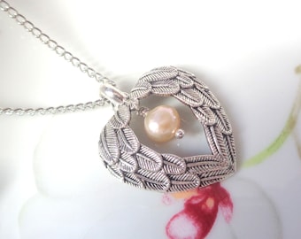 Angel Wings Necklace: Antique Silver & Freshwater Pearl Pendant