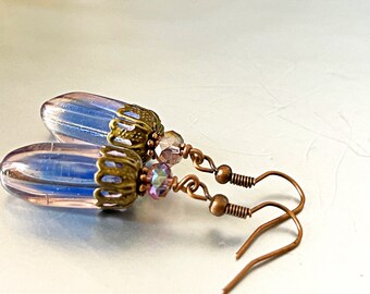 Multi Color Glass Earrings,  Blue Shaded Glass Earrings glass Bead Earrings Oval dangle earrings brass earrings bronze earrings