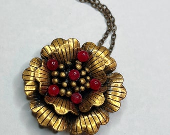 Brass Flower Necklace, Flower Necklace, Bronze Flower Pendant Antique Brass Necklace, Ruby Agate Pendant Large Flower Pendant