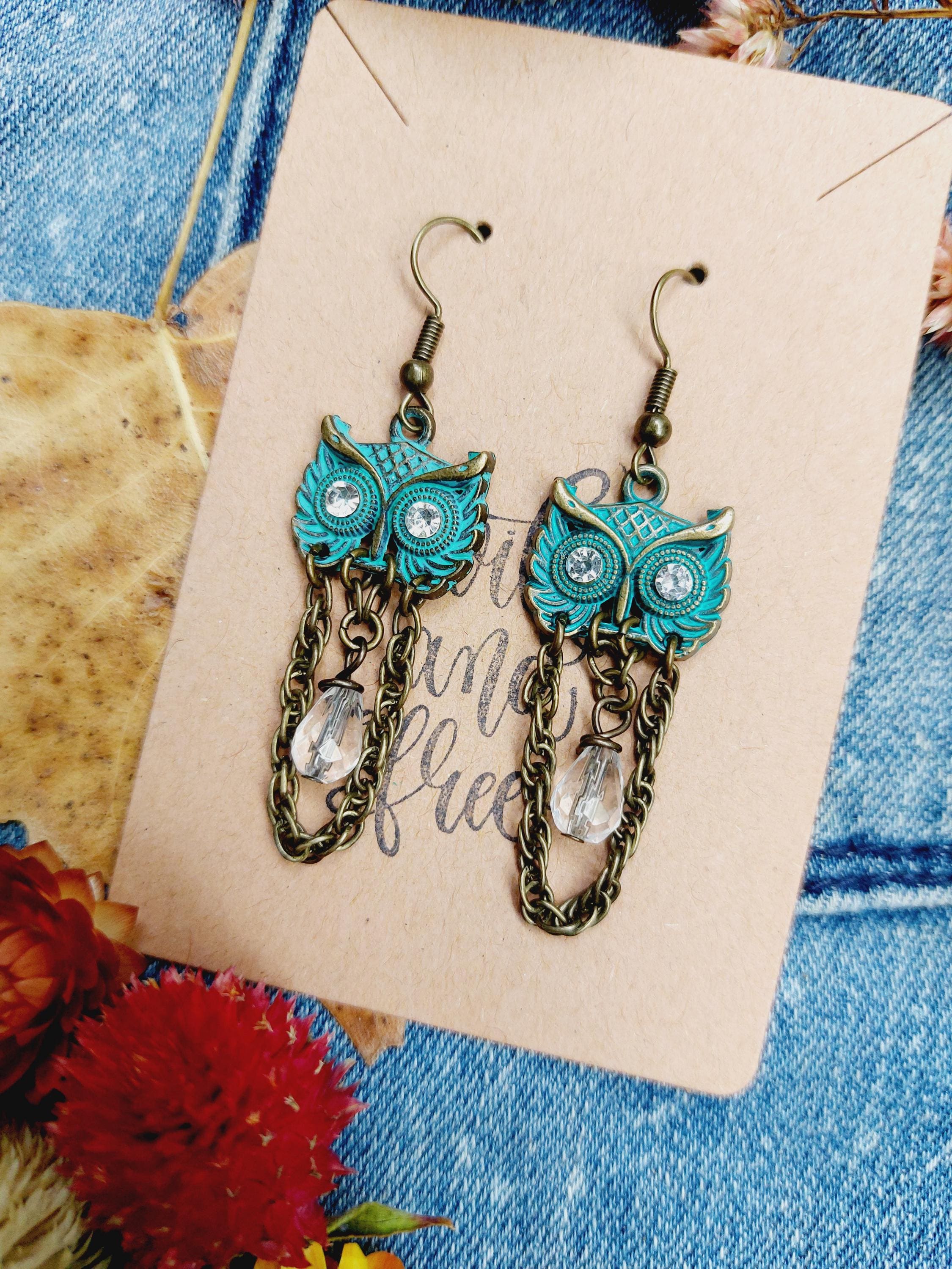 Woodland Wisdom Owl Earrings – Patina Owl Dangle Earrings with Quartz Teardrops | Whimsical Na