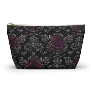 Accessory Pouch, T-bottom, Rose, Flower, Damask, Victorian, Vampire, Gothic, Romantic, Spooky, gift for her, make up, pencil case, bag