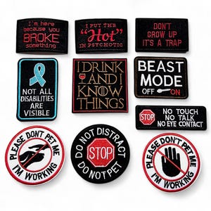 Patch bordado, Passar a ferro, Cola, Material de artesanato, Bordado, Texto, Bebida, Saber coisas, Modo animal, Não acariciar, Parar, Distrair, Deficiências