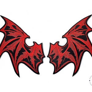 GRANDE, Parche bordado, Termoadhesivo, Pegamento, Material de manualidades, Bordado, Murciélago, Alas, Par, Negro, Rojo, Gótico, Vampiro, Halloween, Regalo para ella