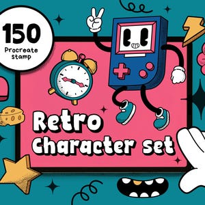 Retro Character Set - 150 handdrawn procreate stamp, Retro cartoon, Vintage Element, Digital Brushes for Artists / Designers