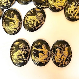 Vintage Zodiac Astrology Glass Cabochon 40 x 30 mm West Germany Cameo Black Gold Deadstock Flatback DIY Embellishment