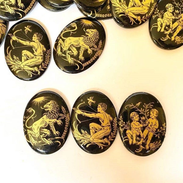 Vintage Zodiac Astrology Glass Cabochon 40 x 30 mm West Germany Cameo Black Gold Deadstock Flatback DIY Embellishment