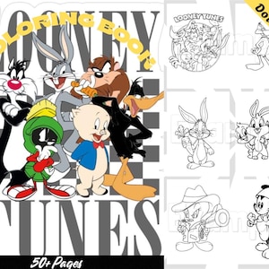 May include: A digital download Looney Tunes coloring book featuring characters like Bugs Bunny, Daffy Duck, and Sylvester the Cat. The cover has the words "Coloring Book" and "Looney Tunes" in yellow and white. The image also includes several black and white line drawings of the characters.