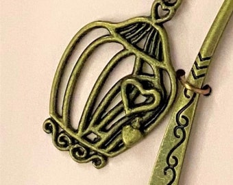 Antique Bronze Birdcage with Hearts Fancy Engraved Metal Bookmark