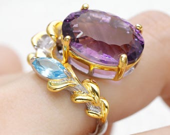 Handgemachter Amethyst & Blauer Zirkon Ring - 18K Gold Leaf Design, Verstellbar