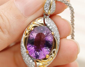 Handmade Baroque Amethyst Pendant Necklace, 925 Silver Gold Plated