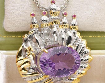 Amethyst Pendant, Sterling Silver Necklace,Concave Cut Amethyst Jewelry,18K Gold Dual Tone Castle Design, Gift for Her,Royal Gothic Jewelry