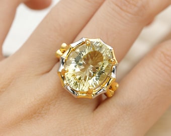 Ring, natuurlijke citrienring, op bamboe geïnspireerde goudzilveren ring, 18K vergulde statementring, verstelbare edelsteenring voor damescadeau