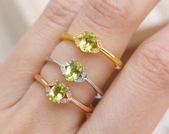 Natural Peridot Dainty Ring, Gemstone Stacking Ring, August Birthstone Stackable Ring in Silver 18k Gold Vermeil, Birthday Gifts for Girls