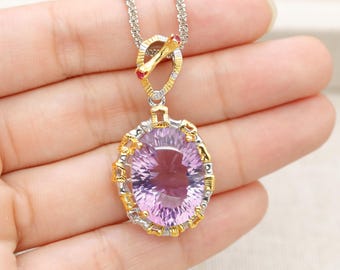 Necklace, Oval Amethyst Pendant, 925 Sterling Silver, 18K Gold Plated, Elegant Geometric Halo, Radiant Cut, Chain, February Birthstone Gift
