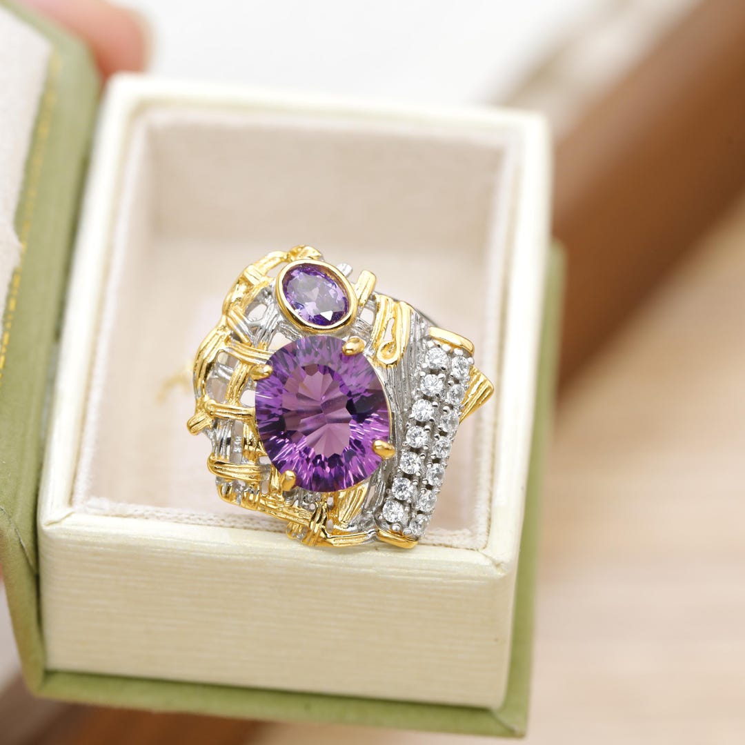 Amethyst Statement Ring, Sterling Silver Gold Plated Ring, Natural ...