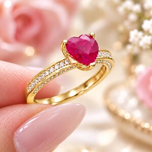 Può includere: Un anello in oro con una pietra preziosa rossa a forma di cuore come pietra centrale, affiancata da due file di piccole pietre chiare incastonate a pavé lungo la fascia. L'anello in metallo ha una finitura lucida e una montatura a griffe.