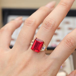 Ruby Engagement Ring Gift for Bride, July Birthstone, 925 Sterling Silver, 10x14mm Emerald Cut Ruby, Three Stone Art Deco Ring