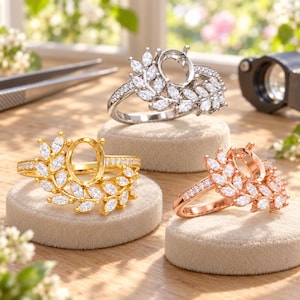 Oval Leaf Ring Setting, DIY Mother's Day Gift for Mom, 925 Silver Ring Blank, 6x8mm Four Prong Seat, Openwork Wreath Design, Adjustable