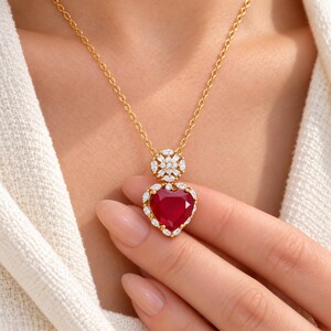 Anniversary Gift, Girlfriend Gifts, Personalized Gift, 1 Ruby 12 mm, 925 Sterling Silver, Heart Necklace, Engraved Jewelry, pendant setting