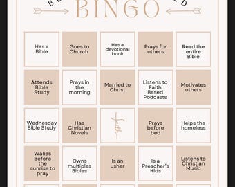 May include: A beige and brown bingo card with the title "Blessed & Favored Bingo". The card has 25 squares with various Christian-themed activities, such as "Has a Bible", "Goes to Church", "Attends Bible Study", "Prays in the morning", "Married to Christ", "Listens to Faith Based Podcasts", "Motivates others", "Wednesday Bible Study", "Has Christian Novels", "Wakes before the sunrise to pray", "Owns multiples Bibles", "Is an usher", "Prays before bed", "Helps the homeless", "Is a Preacher's Kids", "Listens to Christian Music", "Is a Church Mother", "Loves praise & worship", "Is Born Again", "Is a youth minister", "Preaches to others", and "Read the entire Bible".