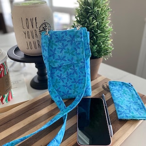 Boho Blue Dragonfly Crossbody Mobile Sling Bag - Unique Design with Feather Interior. The Perfect Purse Accessory for Dragonfly Lovers.