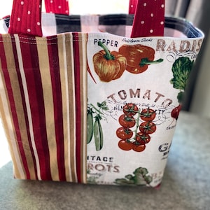 May include: A fabric tote bag with red and white striped sides and a vegetable print. The print includes tomatoes, peppers, and the words "Tomato" and "Radish". The handles are red with white polka dots.