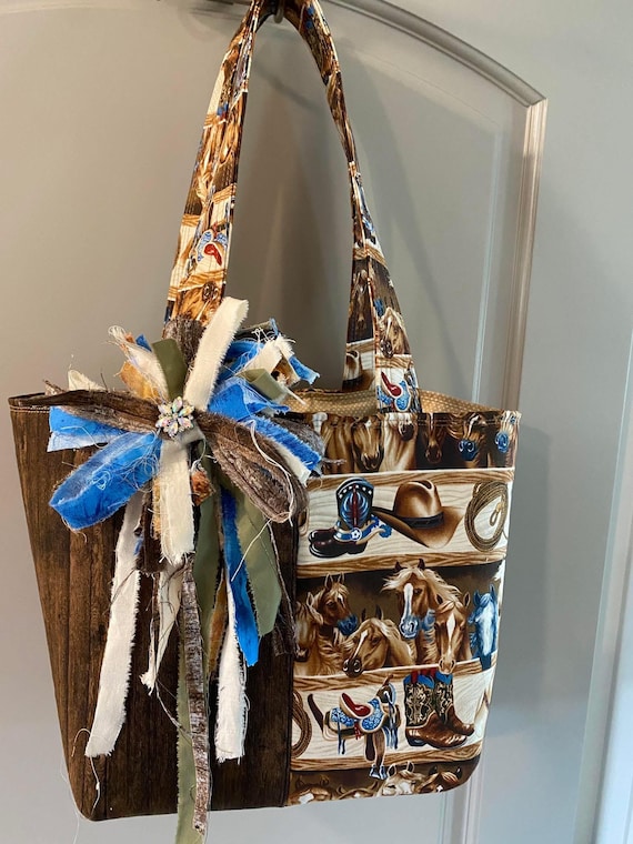 Handmade Western Horse Print Tote Bag: Cowboy Boots & Rustic Bow