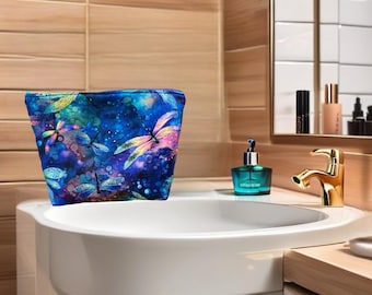 Zipper Pouch Dragonflies - Handcrafted Makeup Travel Bag, Unique Elegant Cosmetic Case Dragonfly Illusion Theme