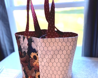 Handmade Roosters & Friends Divided Canvas Tote Bag: Farmers Market Bag