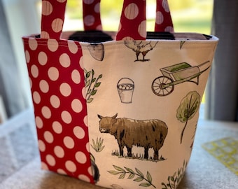 Handmade Divided Canvas Tote Bag: Dotty Barnyard Farmers Market Bag