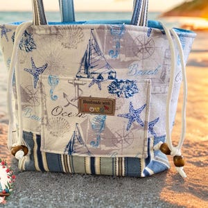 Large Project Bag, Beach Bag, Lake Bag, Lunch Bag, Gift Bag, Crochet Bag, Knitting Bag, Drawstring Tote, Turtle Sea Horse Shell Ocean Design
