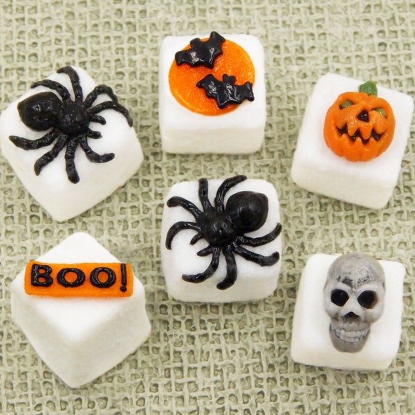 SC17 Hulet Glass Halloween Sugar Cubes - Assorted Design, Handcrafted, collectible art glass sugar cubes for display with teacup collection