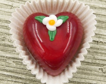 14-039HW Collectible Glass Valentine Chocolate by Hulet Glass, Valentine,  Gift , Red Glass Heart Shape with White Flower, Mini Paperweight