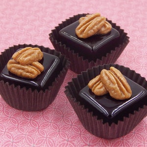 Puede incluir: Tres caramelos de chocolate y nuez pecana en vasos de papel individuales. Cada caramelo es un cuadrado de chocolate negro cubierto con mitades de nuez pecana.