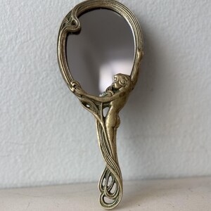 Vintage Art Nouveau hand mirror 3D with lady and flowers Art Nouveau Lady in the Mirror | Brass Lady in Mirror | Art  main image 2