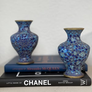 Rich Blue Raised Filigree Cloisonné Miniature Vases - Pair of Vintage Cloisonné Vases - Vintage Chinese Vases